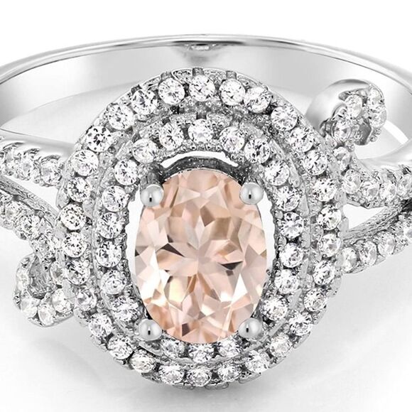 .925 Sterling Silver with Peach Morganite and Diamond Cubic Zirconia Ring - Picture 3 of 5